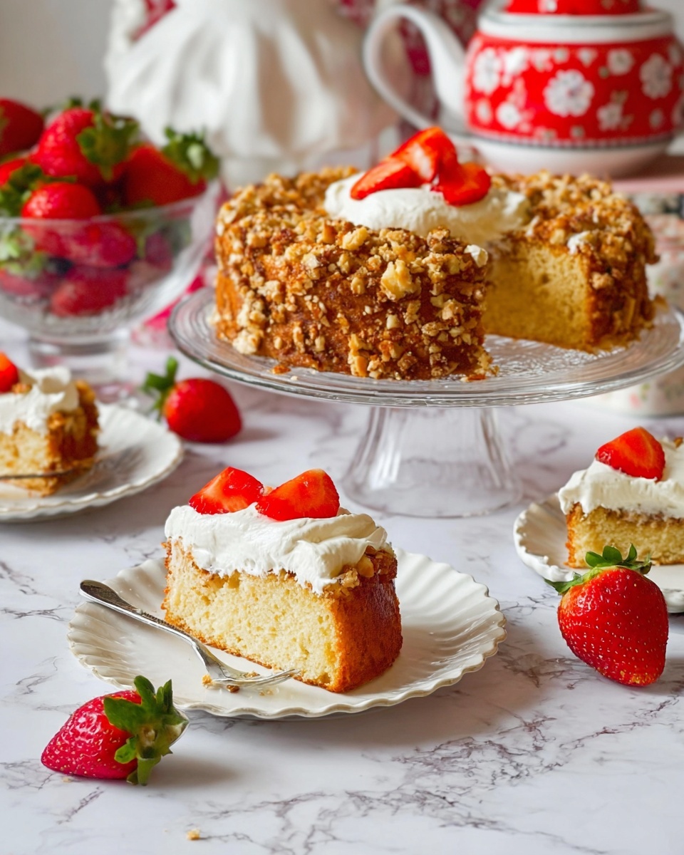 Eggless Strawberry Shortcake Cake with Yogurt Vanilla Whipped Cream Recipe 5 The image shows a golden-brown round cake with a crunchy nut topping, placed on a clear glass cake stand. A slice of the cake is on a white plate in front, with a layer of white whipped cream on top, adorned with three bright red strawberry pieces. Next to the slice on the plate is one whole red strawberry with green leaves. There are extra strawberries in a clear glass bowl on the left, and another smaller slice with whipped cream and a strawberry on a white scalloped plate in the foreground. The whole scene is set on a white marbled surface with a red and white patterned teapot in the back. Photo taken with an iphone --ar 4:5 --v 7