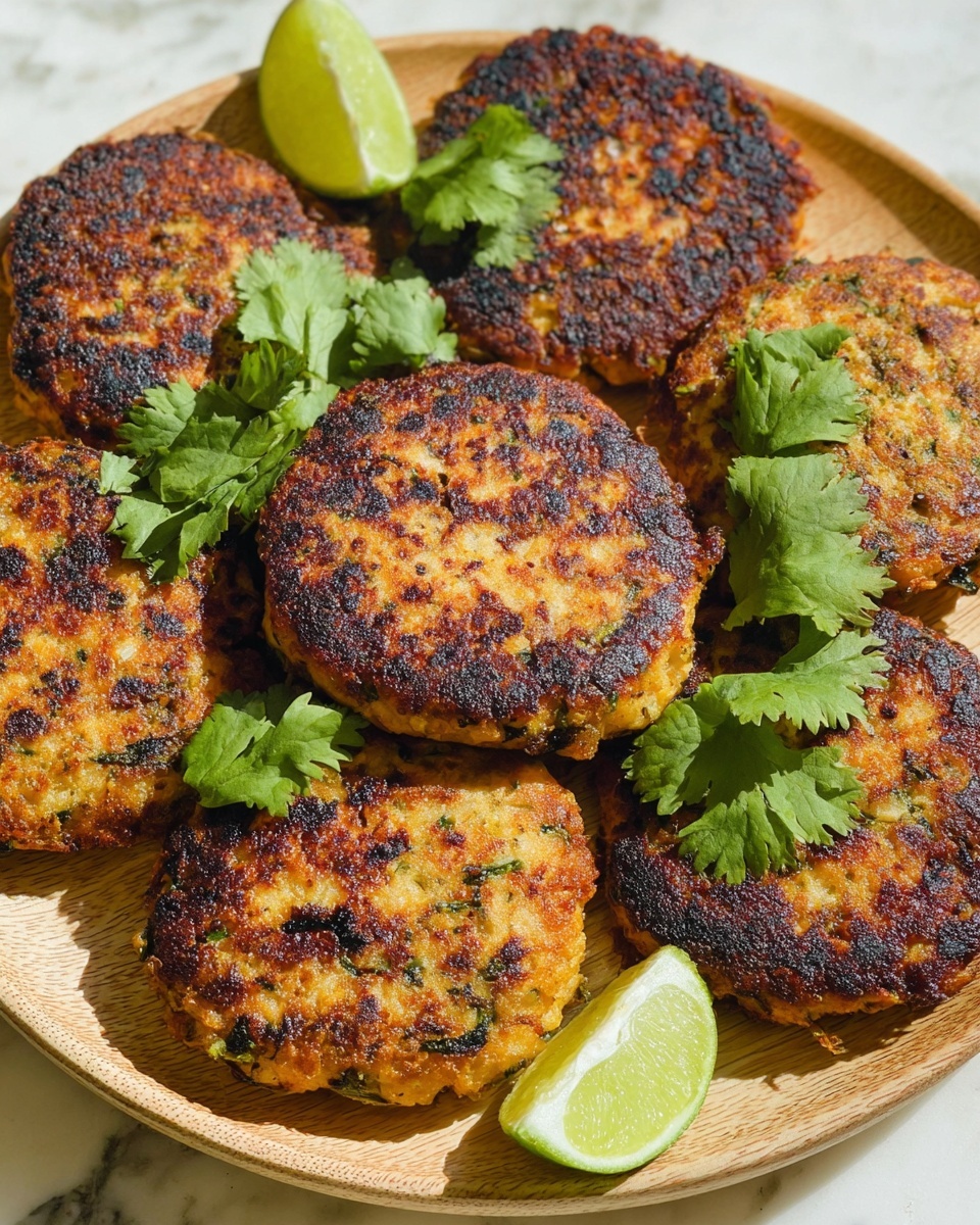 The image shows seven round and thick patties with a golden-brown crispy surface that has some dark charred spots spread unevenly. The patties are arranged closely on a light wood plate. Fresh green cilantro leaves are placed decoratively on the patties, adding a bright green color contrast. Two lime wedges with a pale green inside and a thin white rind sit on the plate edges. The background is a white marbled surface. photo taken with an iphone --ar 4:5 --v 7