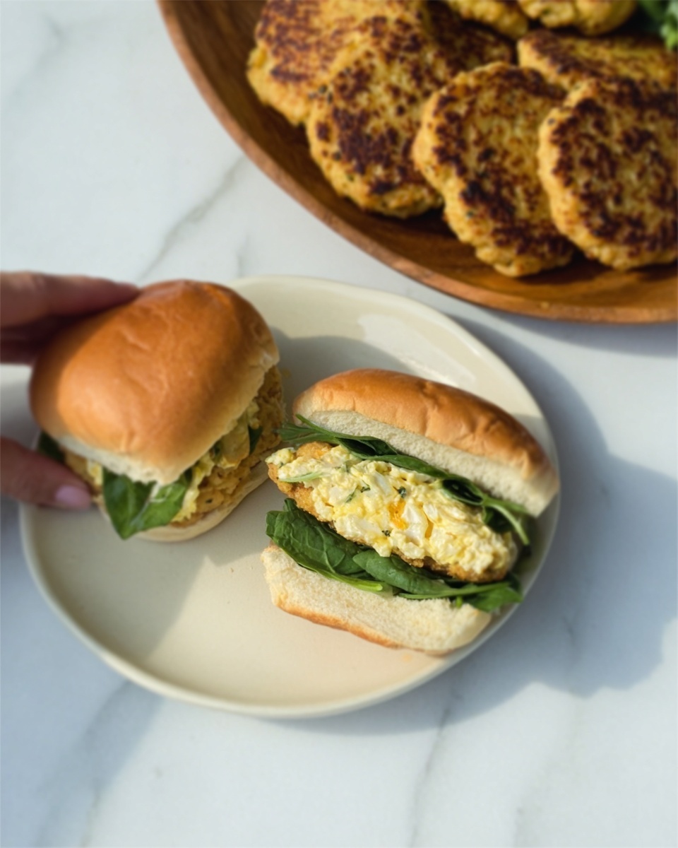The image shows a white plate on a white marbled surface with two sandwich halves placed in front. Each sandwich half has three visible layers: a soft golden bun on top, fresh green leafy spinach in the middle, and a light yellow creamy egg salad at the bottom. Behind the plate, part of a wooden plate is visible with several round, golden brown patties that have a slightly rough texture. There is a woman's hand gently holding one patty on the wooden plate. photo taken with an iphone --ar 4:5 --v 7
