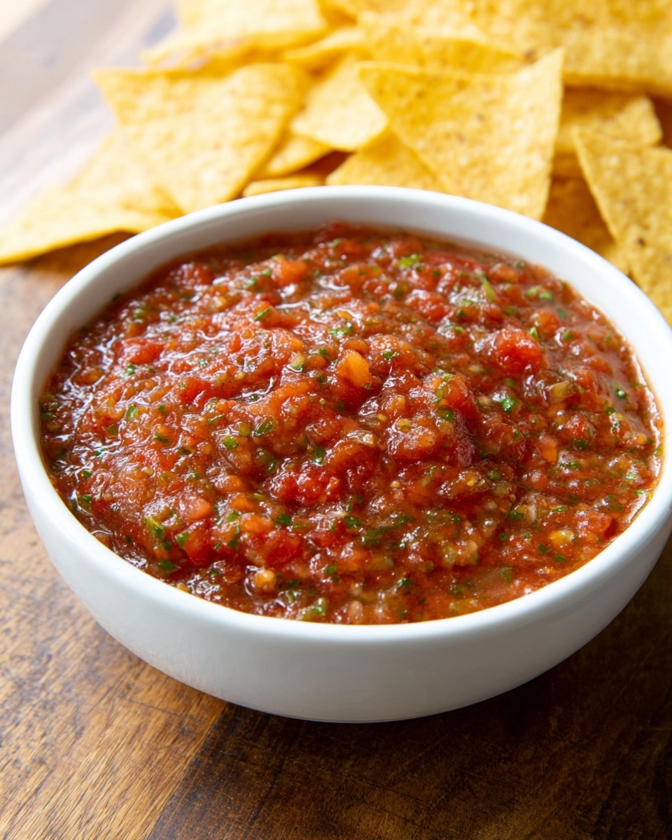 A white bowl filled with thick, chunky red salsa with visible bits of green herbs and small pieces of tomato, onion, and pepper mixed throughout, showing a slightly wet texture. The bowl is placed on a wooden surface with a pile of triangle-shaped yellow tortilla chips in the background. The scene is lit softly, highlighting the fresh and homemade look of the salsa. Photo taken with an iphone --ar 4:5 --v 7