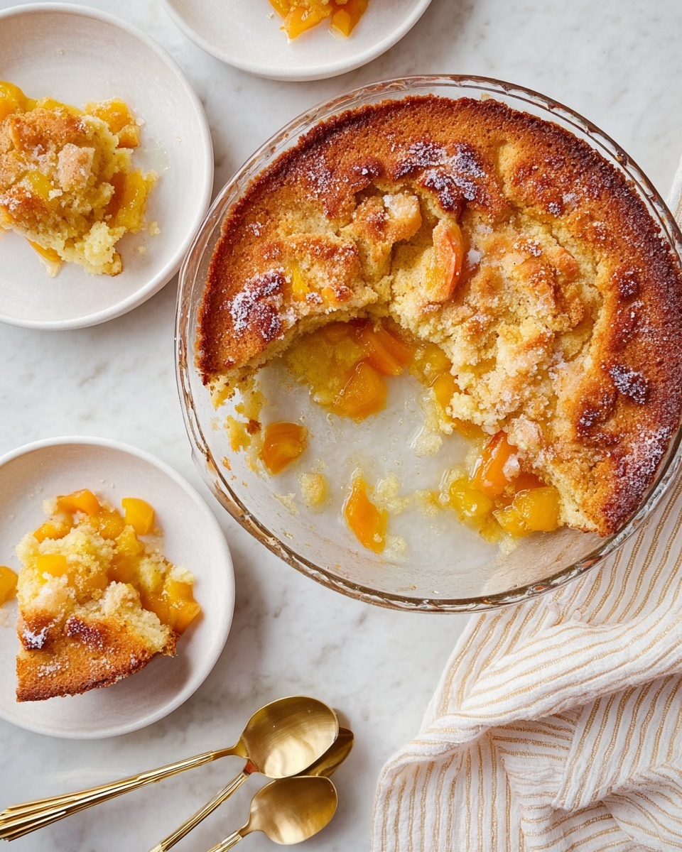 A round glass dish holds a partly eaten dessert featuring a thick, golden brown crust with a slightly rough texture and some sugar sprinkled on top. Inside, there is a soft, yellow cake layer mixed with orange peach pieces that add bright color and moistness. Next to the dish, there are three small white plates, each with a serving of the dessert showing the same layered look of crust, cake, and peach. Each plate has a shiny gold spoon resting on it. The scene is set on a white marbled surface with a white and beige striped cloth partially visible at the bottom right corner. Photo taken with an iphone --ar 4:5 --v 7