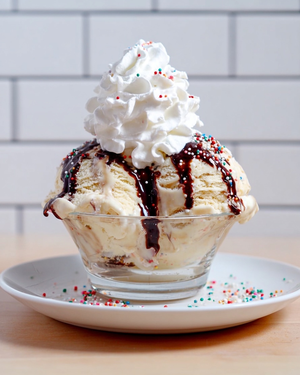 A clear glass bowl sits in the center of a white plate on a white marbled surface, filled with two large scoops of creamy beige ice cream. Dark chocolate syrup drips down the ice cream, with small colorful round sprinkles scattered over and around the ice cream, some falling onto the plate. On top, there is a thick swirl of white whipped cream, adding height and light texture to the dessert. The background features white tiles with gray grout lines. Photo taken with an iphone --ar 4:5 --v 7