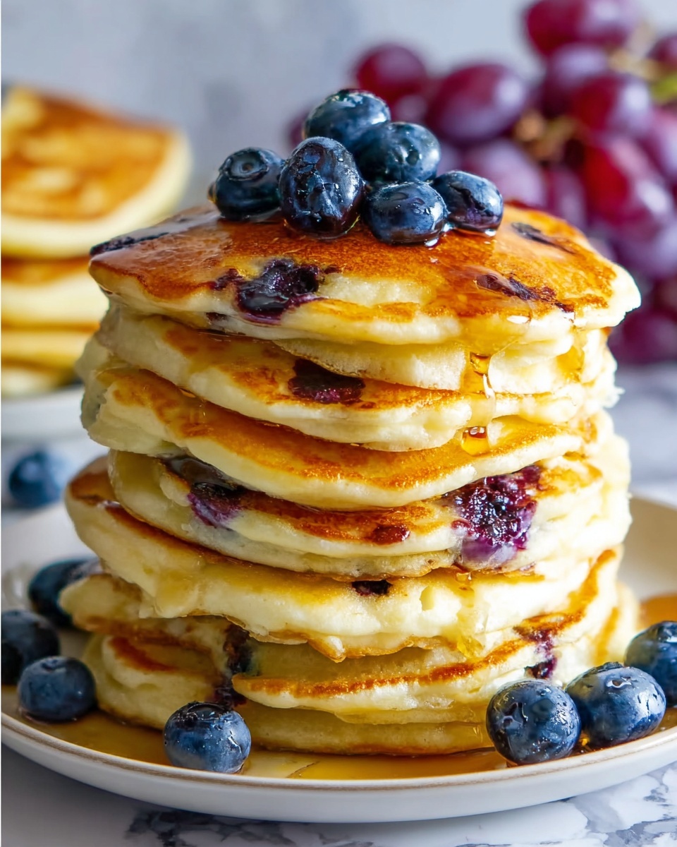 A tall stack of golden brown pancakes with slightly uneven edges sits on a white plate, each pancake showing soft, fluffy texture with visible blueberries baked inside and some fresh blueberries scattered between the layers and on top. The syrup drips lightly down the sides, adding a shiny glaze. The background is a soft focus with hints of purple grapes and another stack of pancakes blurred away. The surface is white marbled. Photo taken with an iphone --ar 4:5 --v 7