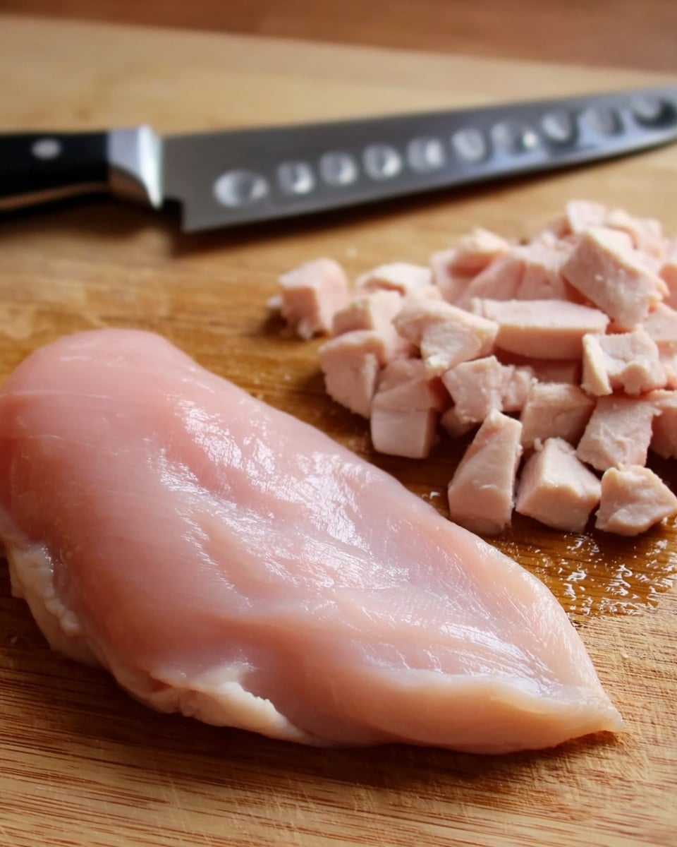 The image shows a raw pale pink chicken filet on a wooden cutting board with a shiny texture, placed next to small diced pieces of the same chicken. A large kitchen knife with a black handle and silver rivets rests behind the chicken filet on the board. The setting is simple with a close view of the chicken and the cutting board, highlighting the smooth and moist surface of the chicken. photo taken with an iphone --ar 4:5 --v 7