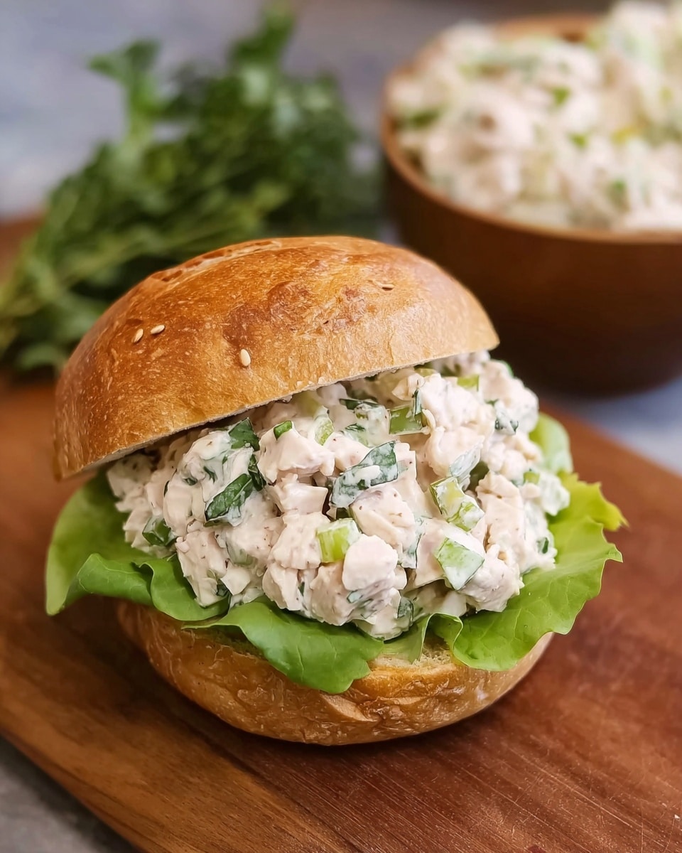 The image shows a sandwich on a white bun with a crunchy crust. The sandwich has one layer of bright green leafy lettuce at the bottom, topped with a thick layer of creamy chicken salad mixed with small green herbs and diced chicken pieces. The top half of the bun rests slightly angled on the filling. The sandwich is placed on a wooden cutting board with a bowl of extra chicken salad in the background and a small bunch of green herbs nearby. Photo taken with an iphone --ar 4:5 --v 7