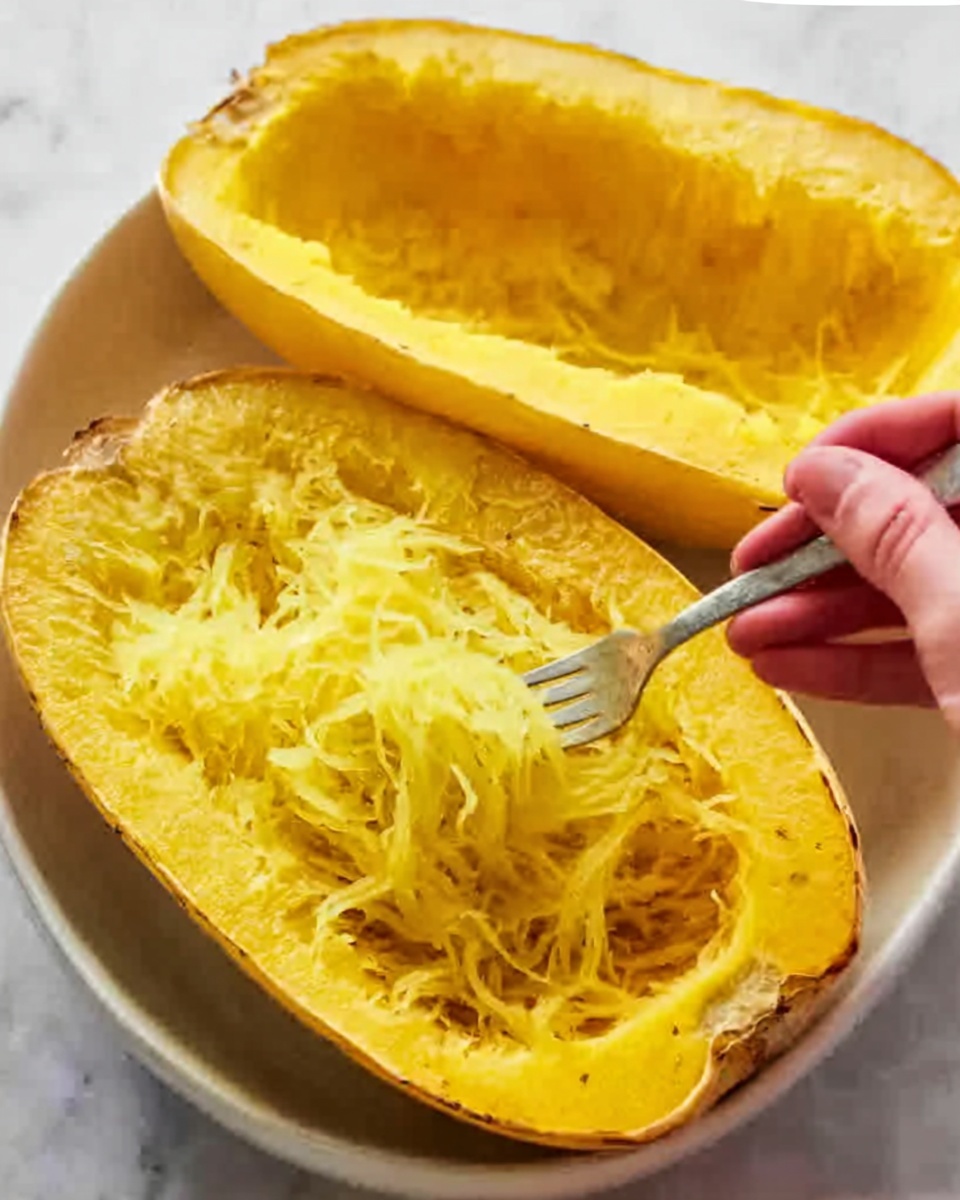 The image shows a white dish containing a halved spaghetti squash on a white marbled surface. The top half of the squash is shown with its soft, stringy yellow flesh visible inside, while the bottom half shows a washed-out interior being gently shredded with a silver fork held by a woman's hand. The yellow outer skin is thick and smooth, surrounding the fibrous strands. The scene is lit naturally, highlighting the bright yellow textures and the white marbled background. Photo taken with an iphone --ar 4:5 --v 7