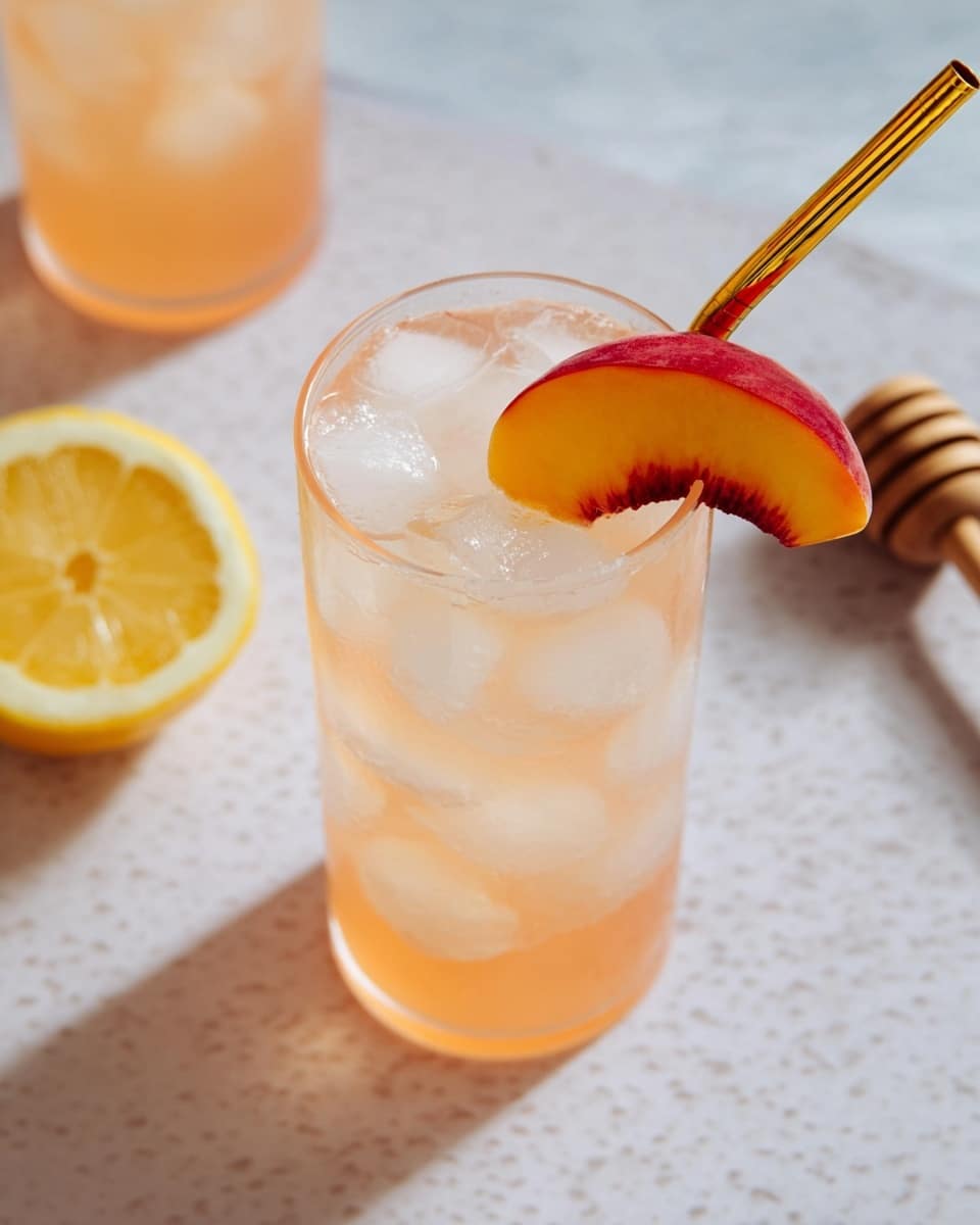 The image shows a tall clear glass filled with pale peach-colored liquid, topped with many white ice cubes. On the top, a bright orange slice of peach with red edges is placed, partly above the ice. A shiny gold straw is inserted into the drink from the top right. In the background on a white marbled surface, there is a round slice of lemon and a wooden honey dipper lies flat beside the glass. Behind and slightly to the right, there is a blurred second glass filled with the peach-colored liquid. photo taken with an iphone --ar 4:5 --v 7