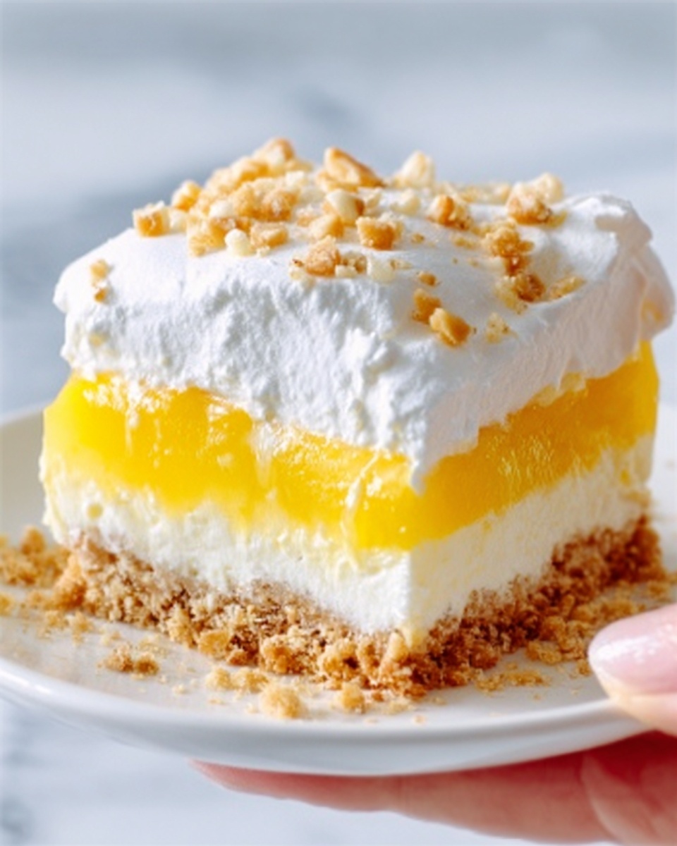 Lemon Pretzel Dessert Recipe 5 The image shows a square slice of lemon dessert on a white plate. The dessert has three layers: a bottom crust layer made of crumbly brown graham crackers, a thick creamy white middle layer, and a shiny, smooth bright yellow lemon topping. On top of the lemon layer, there is a small swirl of white whipped cream and a thin lemon wedge placed next to it. The plate sits on a wooden board with a white marbled surface in the background. Photo taken with an iphone --ar 4:5 --v 7