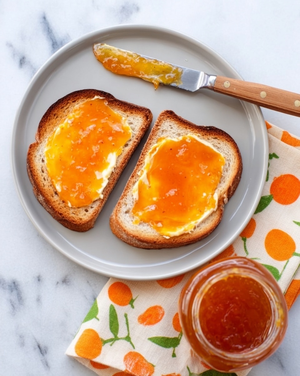 Two slices of toasted bread lay on a white plate, each with a layer of creamy butter topped by a glossy layer of orange jam. The bread has a crust darkened to a golden brown and a soft, light interior. Next to the bread on the plate is a butter knife with a wooden handle, spreading some jam. Below the plate is a jar filled with the same orange jam, placed on a white marbled surface with a cloth featuring orange and green floral patterns partly visible. photo taken with an iphone --ar 4:5 --v 7