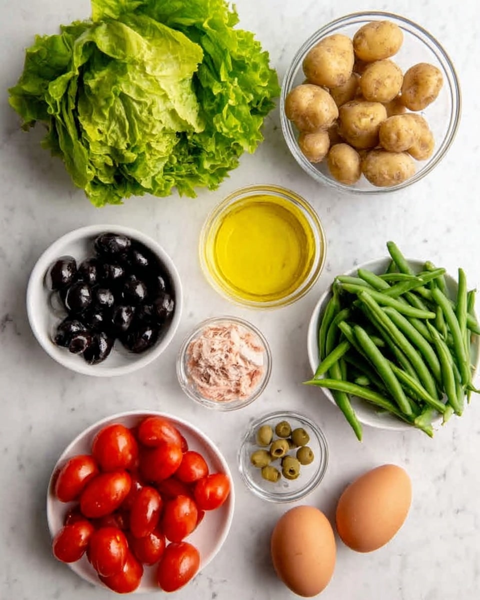 The image shows a flat white marbled surface with fresh ingredients laid out separately. At the top left is a bunch of fresh green lettuce leaves, bright and crisp. Next to it on the right is a clear round bowl filled with small, light brown potatoes. Below the potatoes is a white round bowl with smooth, shiny black olives. At the center is a small glass bowl filled with yellow olive oil. Below that is a small glass bowl with light green capers. Below and slightly to the left is a white round bowl with pale pink tuna flakes. At the bottom left is a cluster of ripe red cherry tomatoes. To the left of that is a white round bowl filled with fresh green beans. At the bottom right, two whole brown eggs rest on the white marbled surface. All colors are natural and fresh. photo taken with an iphone --ar 4:5 --v 7