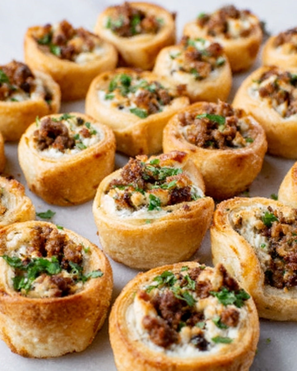 4-Ingredient Cheesy Sausage Pinwheels Recipe 4 The image shows many small, round baked bites arranged closely on a white surface with a white marbled texture. Each bite has a golden-brown outer crust that is soft and slightly flaky, curling inward to hold the filling. Inside, there is a mix of creamy white cheese, small brown cooked meat pieces, and light green chopped herbs on top for garnish. The texture of the filling looks rich and smooth with some small chunks of ingredients. There are about 4 to 5 layers visible with the outer crust, cheese layer, meat, herbs, and a hint of sauce that makes the filling look moist. Photo taken with an iphone --ar 4:5 --v 7