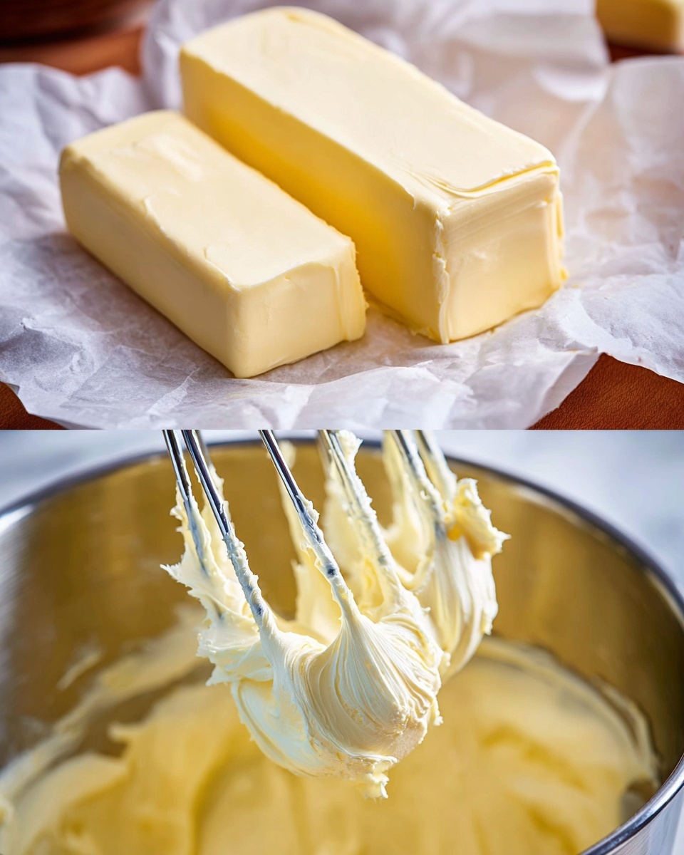The image shows two sticks of pale yellow butter with smooth edges lying side by side on white wax paper on a white marbled surface in the top half. The bottom half shows creamy, whipped butter clinging to the silver wires of a mixer attachment with a shiny metallic mixing bowl in the blurred background. The whipped butter has a light, fluffy texture with gentle peaks and a soft yellow color. photo taken with an iphone --ar 4:5 --v 7
