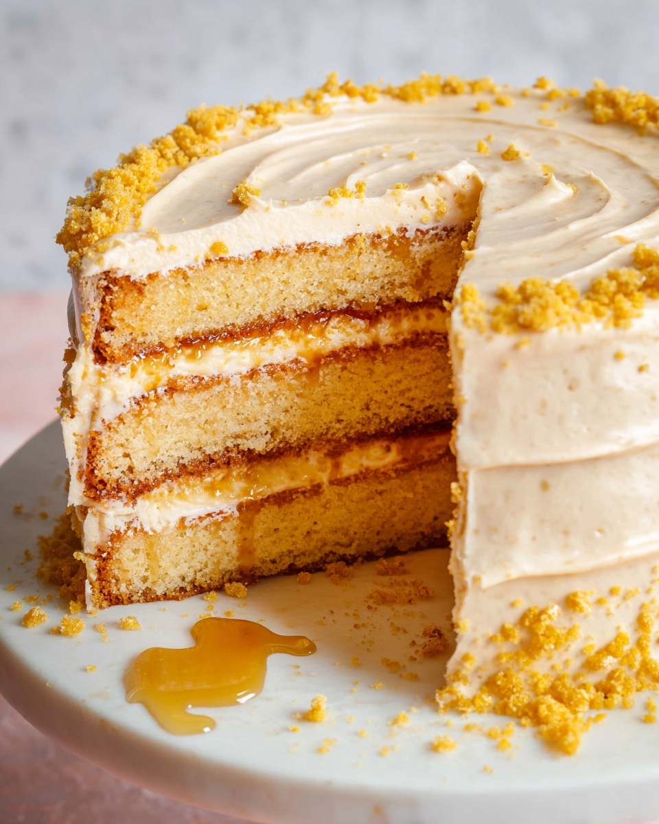 A three-layer golden cake with light beige frosting spread smoothly on top and between the layers. The sides are also covered in the same frosting, with some golden crumbs sprinkled along the top edge. A few drops of amber syrup drip down the side and rest on the white plate beneath, which has crumbs scattered around. The background is a white marbled texture. photo taken with an iphone --ar 4:5 --v 7