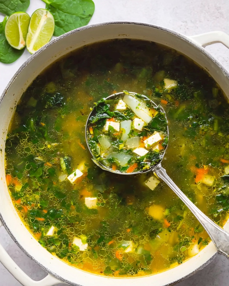 A white pot filled with clear green vegetable soup showing many small pieces of green leafy vegetables, white chunks that look like potatoes or tofu, and small bits of orange carrots floating in a broth that appears light and slightly oily. A silver ladle scoops some of the soup, revealing the mix of ingredients clearly, with green leafy pieces and white cubes on top. The pot sits on a white marbled surface with a green spinach leaf and a lime wedge partially visible at the top left corner, and the overall look is fresh and healthy. Photo taken with an iphone --ar 4:5 --v 7