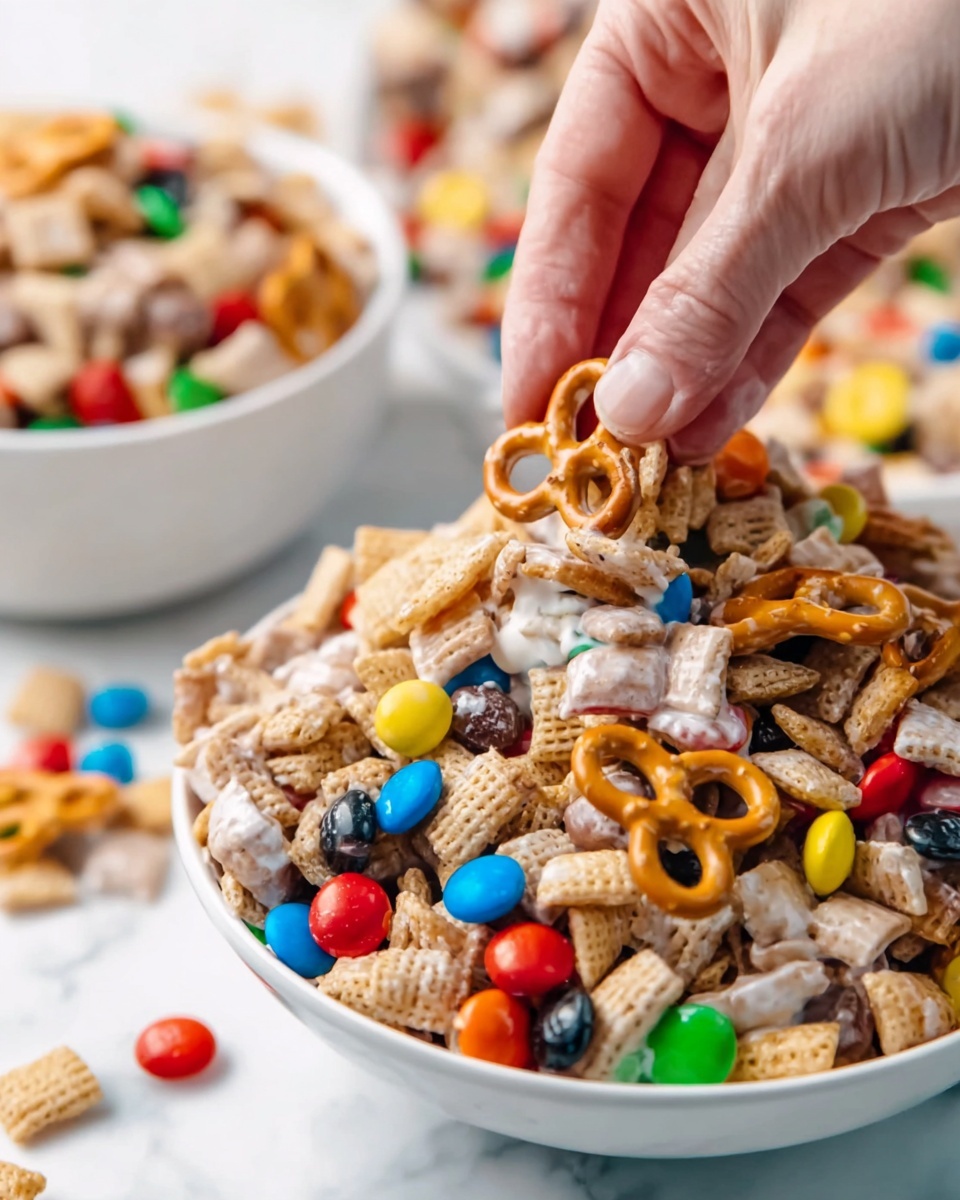 A close-up image shows a woman's hand picking up a piece of snack mix from a large pile in a white bowl. The snack mix has many layers and colors, including light tan Cheerios, pale brown mini wheat cereal squares, and pretzel twists covered in a creamy white coating. Brightly colored candy-coated chocolates in red, yellow, green, blue, orange, and black are scattered throughout the mix, adding a vivid contrast. In the background, there are two white bowls filled with more snack pieces on a white marbled surface, but they are softly blurred. The photo taken with an iphone --ar 4:5 --v 7