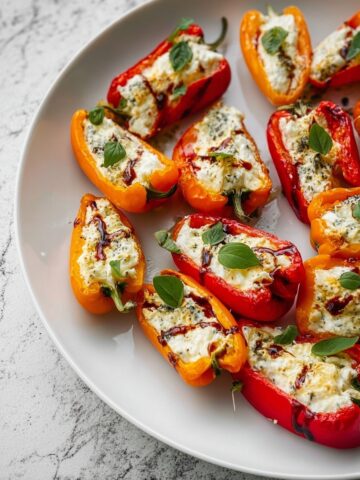 Roasted Goat Cheese Stuffed Mini Peppers with Balsamic Glaze, Honey, and Thyme Recipe