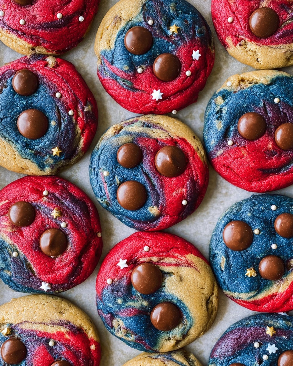 The image shows many round cookies with three main color layers swirled together: bright red, deep blue, and light beige, forming mixed patches on each cookie. Each cookie has three medium-sized, smooth, round chocolate pieces arranged mostly in the center area on top. Tiny white star-shaped sprinkles are scattered over the cookies, adding detail. The cookies are laid closely on parchment paper, all on a white marbled surface. The cookie textures look soft and slightly cracked, showing chocolate bits inside. photo taken with an iphone --ar 4:5 --v 7