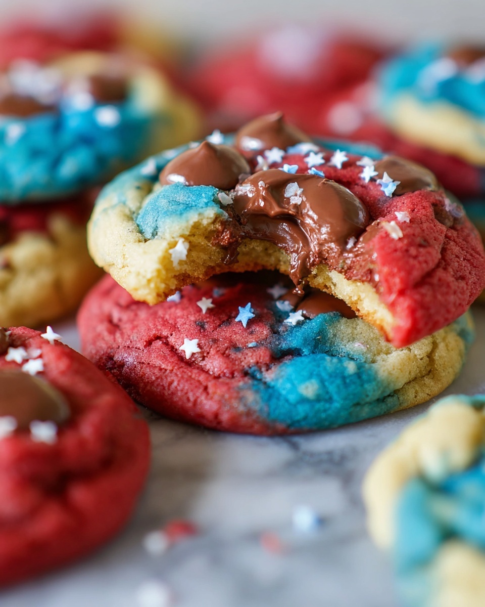 The image shows a close-up of colorful cookies stacked on a white marbled surface. Each cookie has three main color layers: red, blue, and light beige, blending unevenly across the cookie with a soft, slightly cracked texture. On top of the cookies, there are several dollops of melted chocolate with a smooth glossy look, along with small white star-shaped sprinkles scattered across the surface. One cookie on top has a bite taken out, showing a soft, slightly moist inside with melted chocolate inside as well. The whole scene is bright with a focus on the detailed texture and colors of the cookies, photo taken with an iphone --ar 4:5 --v 7
