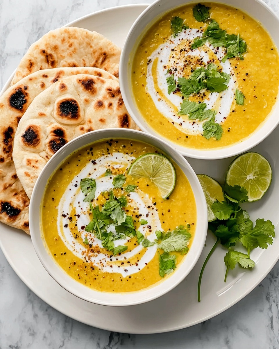 Two white bowls each hold a thick yellow soup with a creamy white swirl on top, sprinkled with black pepper and small green herb leaves. A wedge of light green lime and fresh cilantro leaves sit on the soup's surface. The bowls are placed on a large white plate with three pieces of white flatbread that are lightly toasted with brown char marks. Small sprigs of cilantro rest on the flatbread. The background is a white marbled surface. photo taken with an iphone --ar 4:5 --v 7