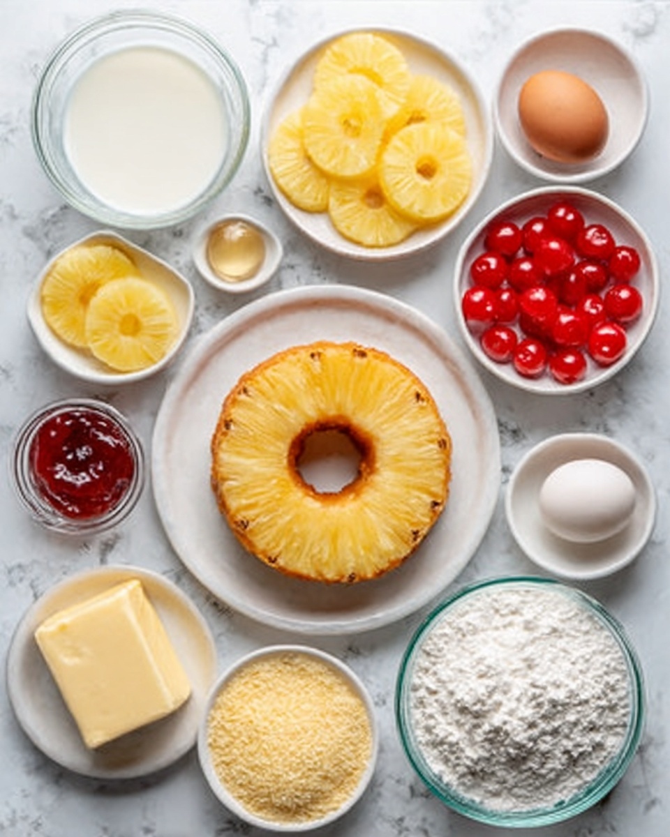 The image shows a white round plate with a single layer of pineapple ring cake topped with another pineapple ring in the center. Around the plate, there are several small white bowls containing bright yellow pineapple rings, red cherry tomatoes, and a small amount of red jam. There is also a block of pale yellow butter, a raw egg, a small bowl of white flour, a bowl filled with fine yellow crumbs, and a glass bowl with clear milk. Everything is placed on a white marbled surface. The colors are light and fresh with yellows, reds, and whites. Photo taken with an iphone --ar 4:5 --v 7