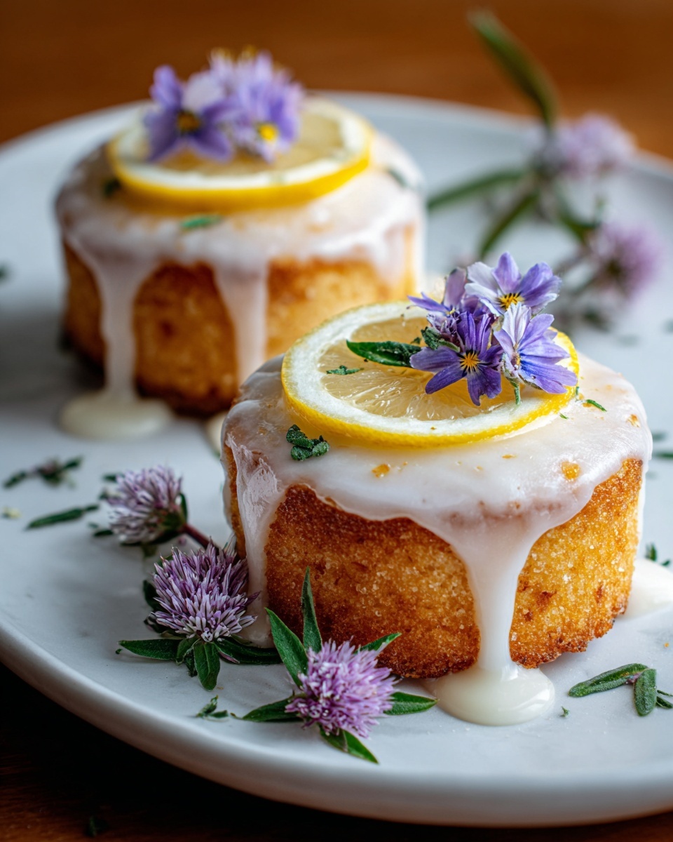 Two small round cakes with golden brown color sit side by side on a white plate. Each cake is topped with a thick layer of white shiny icing that drips along the sides and pools slightly on the plate. On top of the icing are thin lemon slices and small purple flowers with green leaves around them. There are some purple flowers and green leaves scattered on the white marbled surface near the plate as well. The photo taken with an iphone --ar 4:5 --v 7