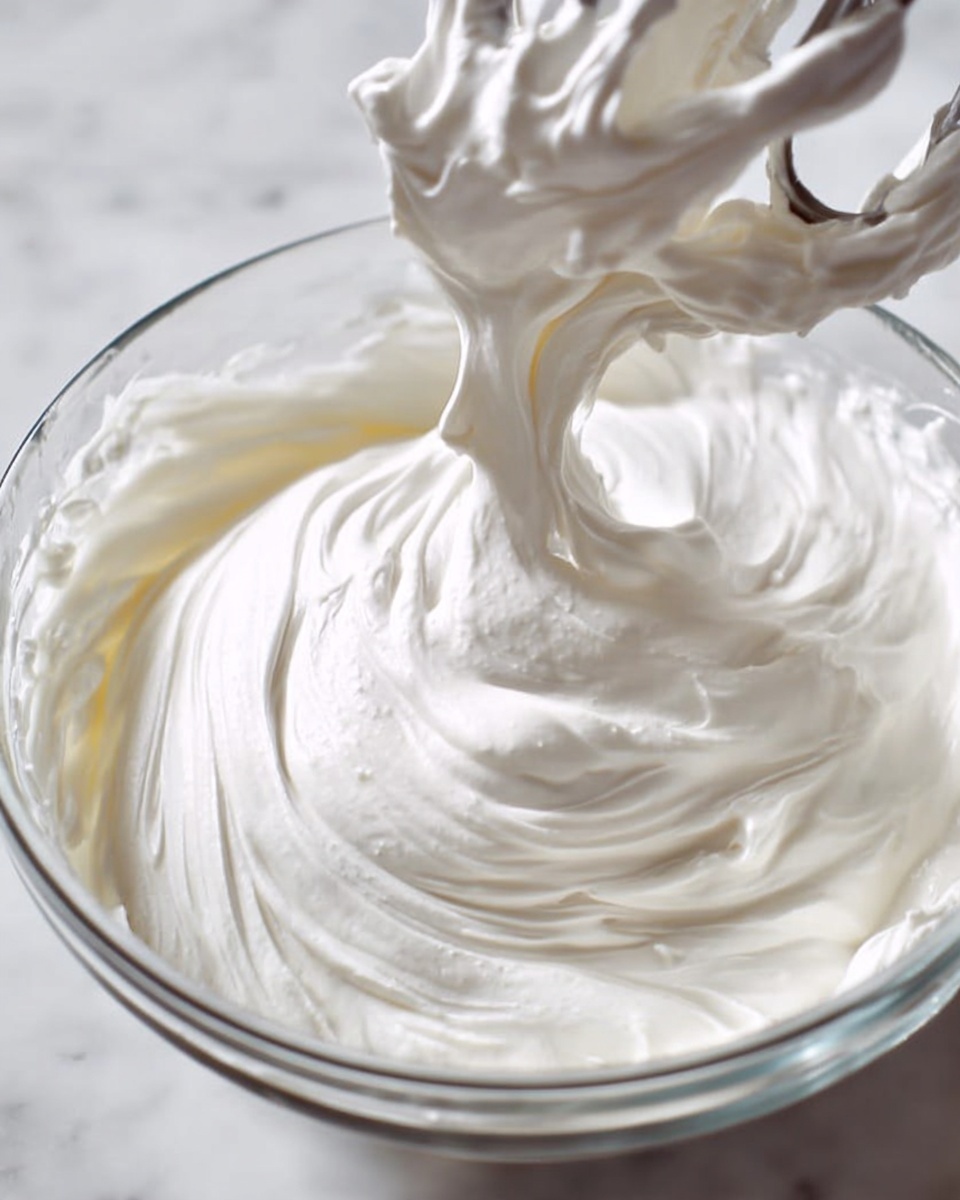 A clear glass bowl is filled with a thick, smooth, and creamy white mixture that has soft peaks and swirls throughout. A mixer beater is shown lifting some of the fluffy mixture, creating rounded waves and gentle folds on the surface. The texture looks light and airy, with a glossy finish. The background is a white marbled texture. photo taken with an iphone --ar 4:5 --v 7