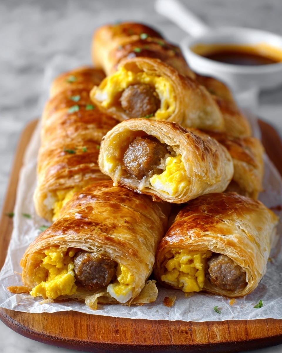 The image shows a stack of golden-brown sausage rolls lined up on white parchment paper over a wooden board. Each sausage roll has a flaky, shiny crust with visible layers of puff pastry wrapped around a brown sausage filling. The ends and tops reveal the inside, where scrambled eggs with a soft, yellow texture surround the sausage. A small white bowl with dark sauce is blurred in the background. The setting has a white marbled surface beneath the board. photo taken with an iphone --ar 4:5 --v 7