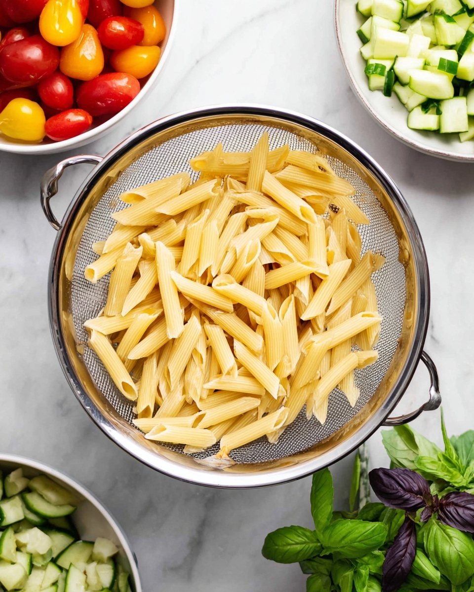 A metal mesh colander filled with plain cooked penne pasta, pale yellow in color and arranged loosely inside, is centered on a white marbled surface. Around the colander, there are two white bowls, one filled with red and yellow cherry tomato halves and the other with diced cucumber pieces. Fresh green basil leaves with some purple-tinted ones lie on the white marbled surface to the upper right of the colander. Photo taken with an iphone --ar 4:5 --v 7