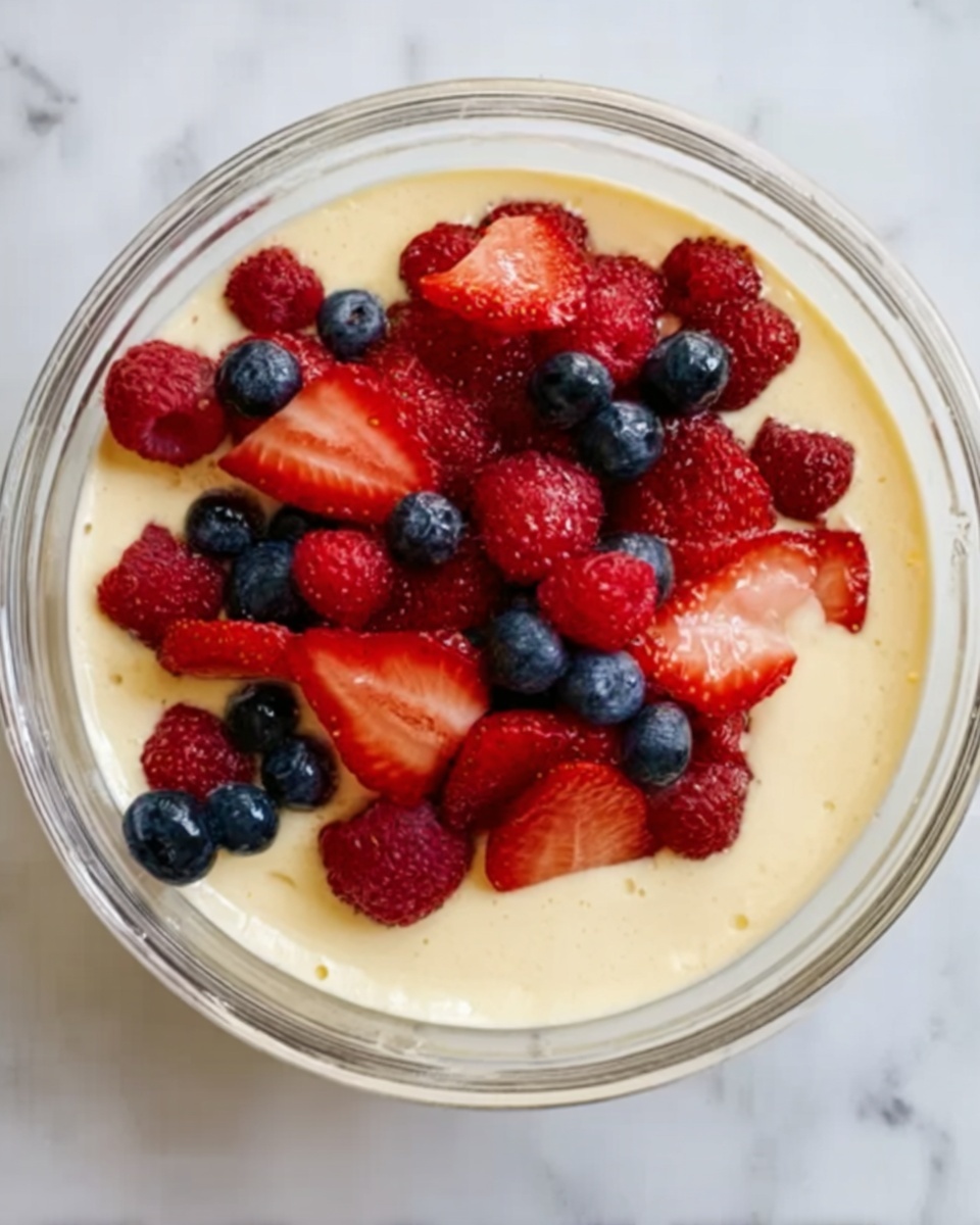 A clear glass bowl filled with a thick pale yellow cream layer forms the base. On top, a mix of fresh berries is scattered: sliced red strawberries, whole dark blueberries, and whole red raspberries, creating a colorful contrast with the creamy layer beneath. The bowl is placed on a white marbled surface. photo taken with an iphone --ar 4:5 --v 7