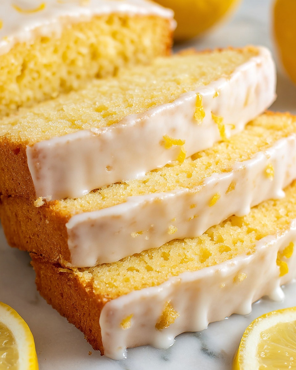 Keto Lemon Bread Recipe 5 A loaf of yellow pound cake with a smooth white icing spread evenly on top, sitting on a white marbled surface. The loaf is sliced into four pieces stacked neatly in front of the main unsliced part. The cake appears soft and moist with a slightly crumbly texture visible on the cut edges. Bright yellow lemons are blurred softly in the background, adding freshness to the scene. photo taken with an iphone --ar 4:5 --v 7