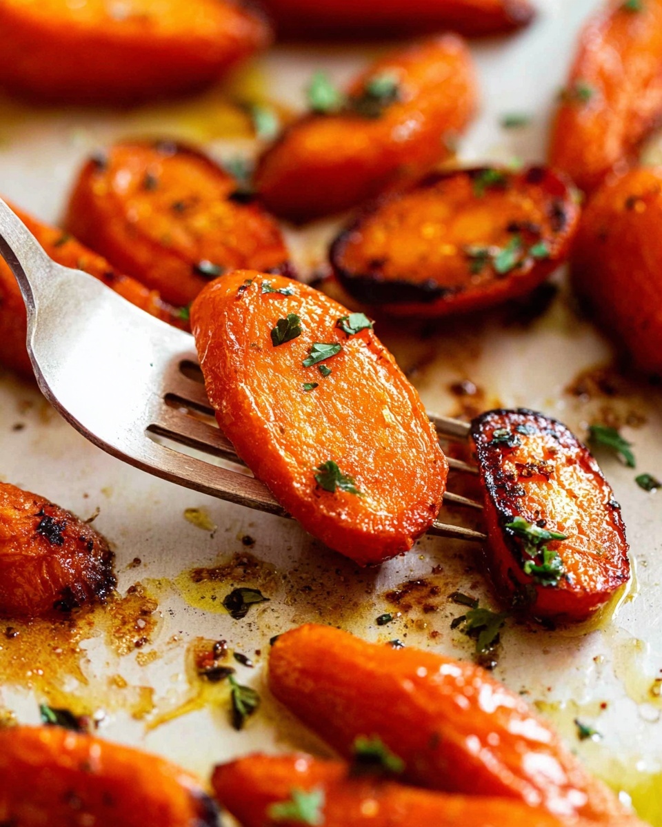 The image shows a close-up of several roasted carrot pieces with a shiny, slightly caramelized orange surface and light charred spots, sprinkled with small green herb leaves. One carrot piece is held by a silver fork near the center, tilted upward, displaying its smooth, bright texture with herbs on top. The carrots lie on a light-colored surface with some oil and small bits of seasoning scattered around, creating a warm and inviting look. The photo taken with an iphone --ar 4:5 --v 7