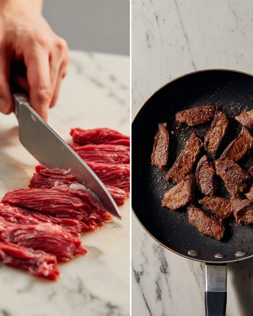 Flank Steak Stir Fry with Orange-Ginger Sauce Recipe 4 The image shows two scenes side by side. On the left, a close-up of a woman's hand holding a large silver knife slicing raw red beef into thin strips on a white marbled surface, the meat fresh with visible fat streaks. On the right side, a black pan with a handle holds several browned beef strips cooking, showing a shiny, slightly oily surface with a crispy, dark brown crust on the meat pieces. The background here is also a white marbled texture. photo taken with an iphone --ar 4:5 --v 7