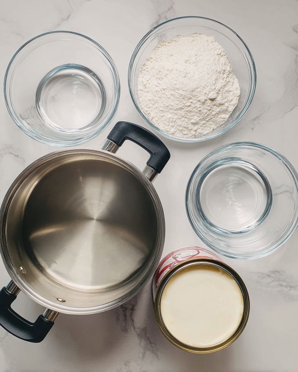 Creamy Filipino-Style Ice Candy Recipe 4 Top view of a stainless steel pot with black handles filled with clear water, surrounded by four glass bowls on a white marbled surface. One clear bowl contains white flour, another glass bowl holds clear water, a white bowl with a red rim is filled with a white liquid, and an open can revealing a thick pale cream inside. photo taken with an iphone --ar 4:5 --v 7