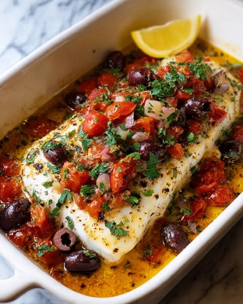 A white rectangular baking dish holds a cooked white fish fillet with a light flaky texture on top. The fish is covered with a colorful mix of chopped red tomatoes, green herbs, black olives, and small pieces of onion, spread evenly over and around the fillet. The dish has a warm sauce with a slightly oily surface pooling at the bottom, which adds shine to the ingredients. The dish is set on a white marbled surface, and at the edge of the dish, a yellow lemon wedge adds a pop of color. Photo taken with an iphone --ar 4:5 --v 7