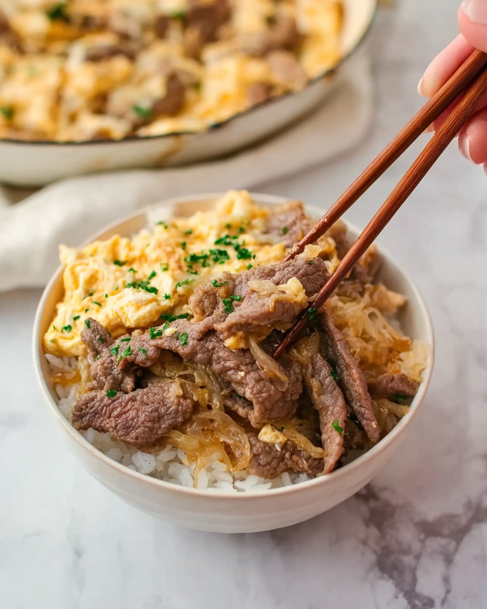 A close-up of a white bowl filled with three layers: the bottom layer is white rice with a soft texture, the middle layer consists of tender brown cooked beef strips mixed with translucent cooked onions, and the top layer is a light yellow scrambled egg mixture sprinkled with small green chopped herbs. A woman's hand is holding wooden chopsticks picking up some of the egg and beef pieces from the bowl. In the background, a white pan with more of the egg and beef mixture is slightly out of focus, all placed on a white marbled surface. photo taken with an iphone --ar 4:5 --v 7
