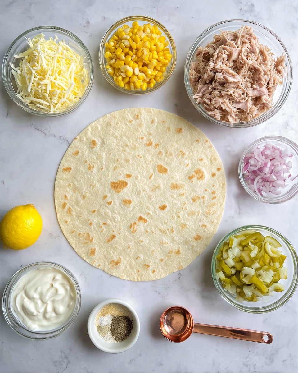 A round pale yellow tortilla is placed flat in the center on a white marbled surface. Around it, there are small glass bowls arranged neatly: shredded white cheese on the top left, bright yellow corn kernels above the tortilla, and a bowl of light brown shredded tuna on the top right. To the right of the tortilla, there's a copper measuring spoon filled with chopped red onions, a small glass bowl with diced green pickles, and another with white yogurt mixed with a dollop of light brown mustard. Below, a small white bowl holds light beige garlic powder and black pepper. Half of a bright yellow lemon is placed above the onions. photo taken with an iphone --ar 4:5 --v 7