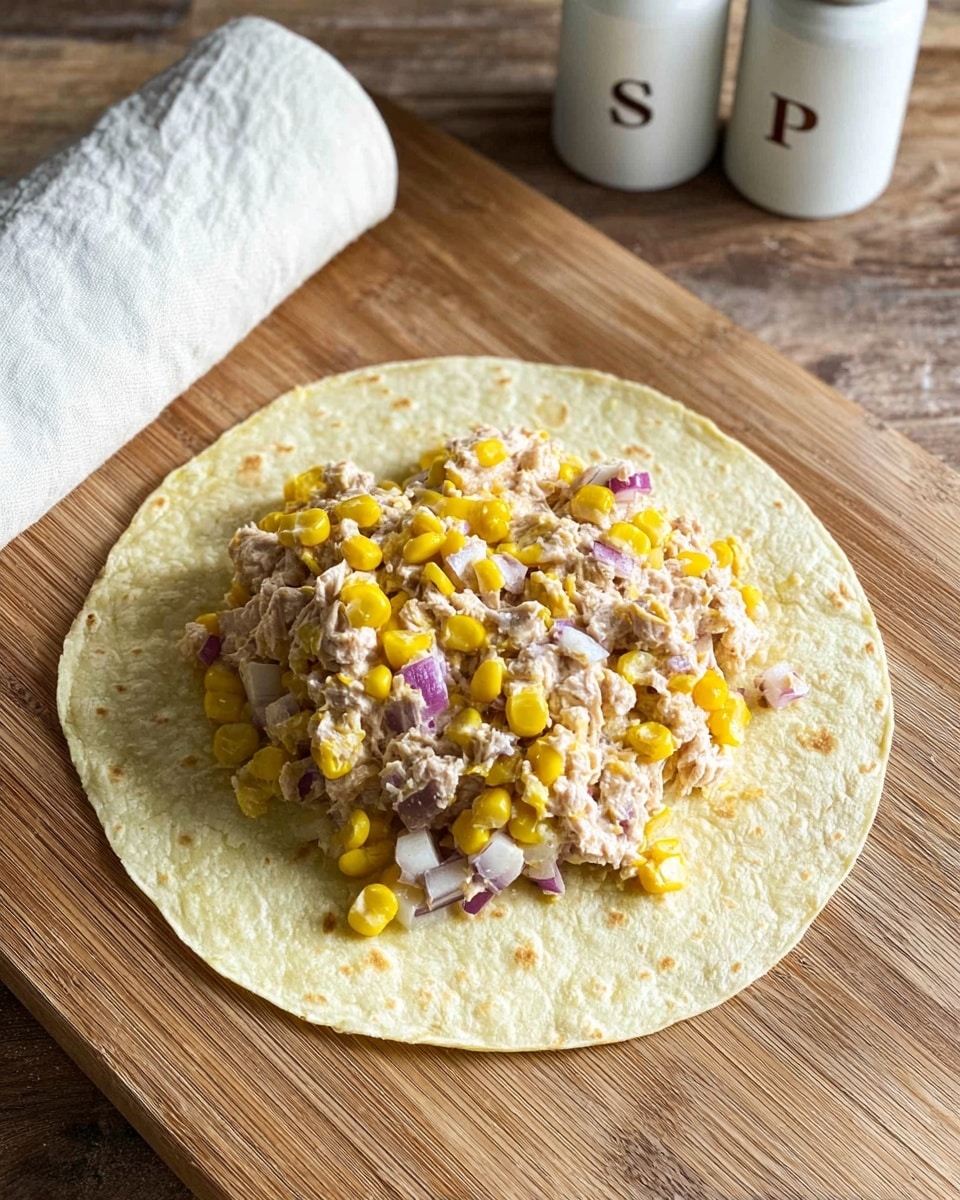 A light yellow tortilla lies flat on a wooden cutting board, with a pile of creamy tuna salad placed in the center. The tuna salad is mixed with bright yellow corn kernels and small pieces of purple onion, creating a mix of colors and textures. Some white chunks, possibly cheese, peek out from below the tuna mixture. In the background, two white spice containers labeled