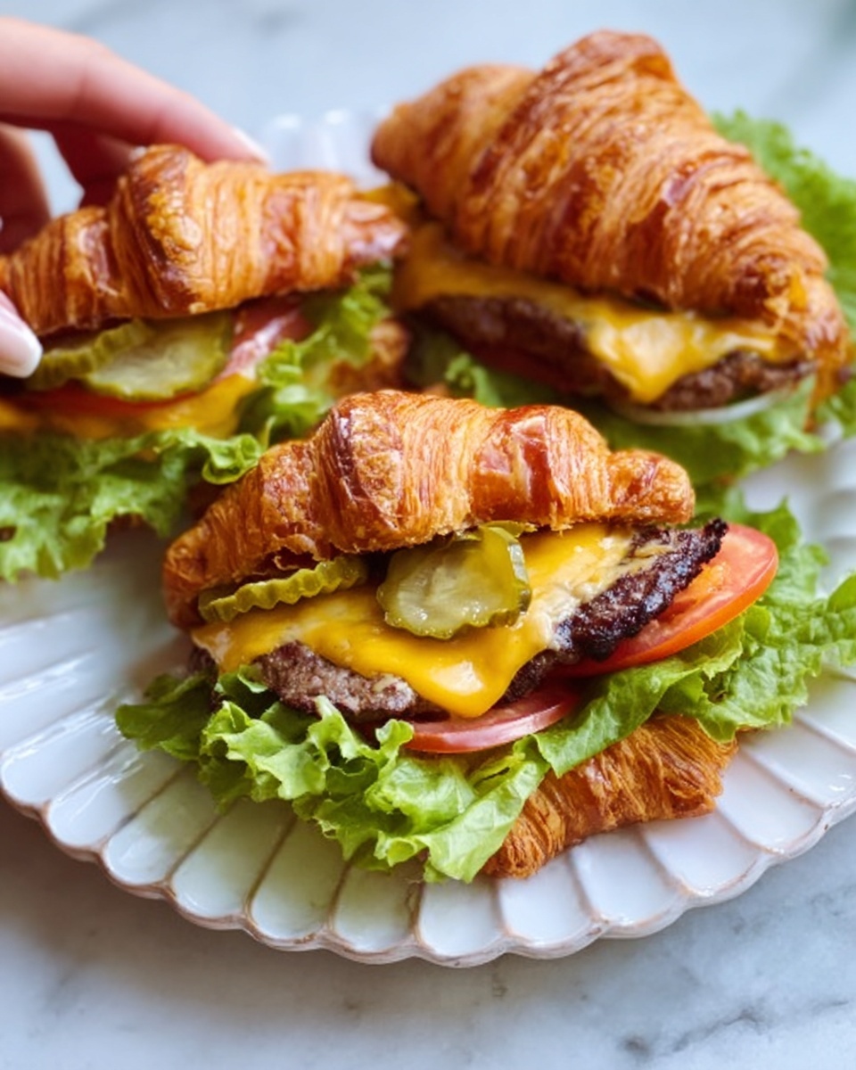 Croissant Smash Burger Recipe 5 Three croissant sandwiches sit on a white scalloped plate placed on a white marbled surface. Each sandwich has multiple layers: a golden brown, flaky croissant sliced open, fresh green lettuce on the bottom, bright red tomato slices, a juicy grilled beef patty with slightly charred edges, melted yellow cheddar cheese draped over the patty, and crisp green pickle slices layered on top. In the background, a woman's hand is holding one of the sandwiches. Photo taken with an iphone --ar 4:5 --v 7