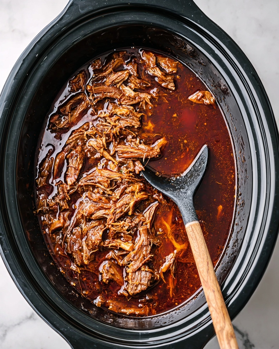 The image shows a black slow cooker filled with a rich, dark reddish-brown stew made of shredded meat that is tender and slightly stringy. The stew has visible oils and juices on the surface, giving it a shiny texture. A black ladle with a wooden handle rests inside the cooker, partially submerged in the stew on the right side. The cooker sits on a white marbled surface. photo taken with an iphone --ar 4:5 --v 7