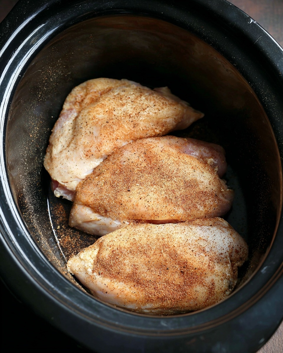 Inside a black slow cooker, there are three raw chicken pieces placed side by side at the bottom. Each chicken piece is lightly dusted with a mix of brownish-red and tan spices that give a slightly rough texture. The slow cooker has a smooth, shiny surface, and the surrounding area is clean, emphasizing the chicken pieces in the center. photo taken with an iphone --ar 4:5 --v 7
