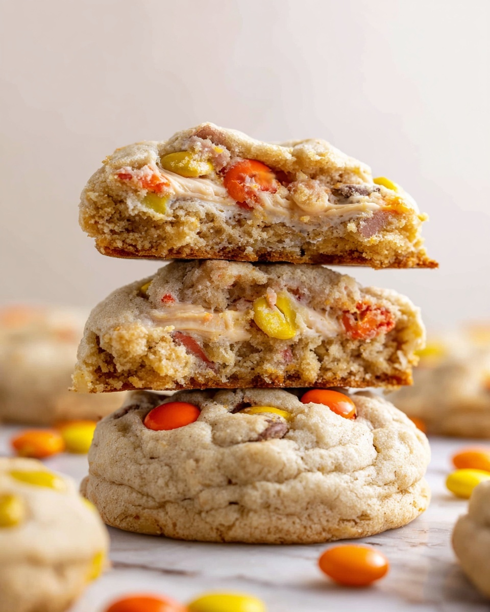 A group of round cookies with a soft, light beige base are scattered on a white marbled surface. Each cookie has three main layers: the cookie dough base, a textured bumpy surface, and colorful candy pieces on top. The top candy pieces are orange, yellow, dark brown, and light beige, embedded slightly into the dough and spread evenly across each cookie. The cookies vary slightly in size and shape, with small cracks visible on many of them, showing a soft texture inside. There is no background other than the white marbled surface. photo taken with an iphone --ar 4:5 --v 7