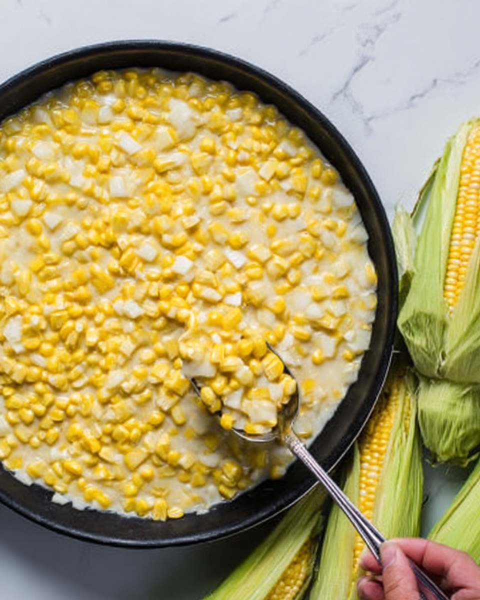 The image shows a black pan filled with creamy corn, with small cubes of softened onions mixed in. The yellow corn kernels cover the entire pan in one even layer, with the onions dispersed throughout, creating a light contrast of white and pale yellow. To the bottom right of the pan, fresh ears of corn with green husks rest on a white marbled surface, adding a natural touch. A silver spoon is held by a woman's hand, scooping some creamy corn from the pan. The overall texture looks soft and slightly creamy, and the scene is bright with natural light. Photo taken with an iphone --ar 4:5 --v 7