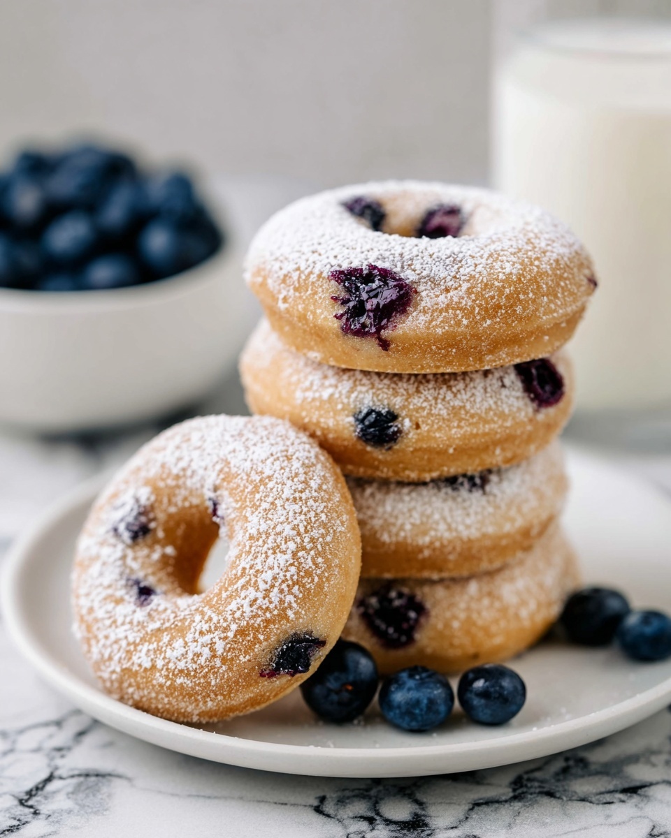 A stack of four light brown blueberry donuts dusted with white powdered sugar sits on a white plate. The top donut and the one leaning on the stack show dark purple blueberries baked inside, creating small spots of deep color. Around the plate, there are a few fresh blueberries scattered. In the background, slightly out of focus, there is a small white bowl filled with fresh blueberries, and a tall glass of milk also blurred. The surface underneath is a white marbled texture. Photo taken with an iphone --ar 4:5 --v 7