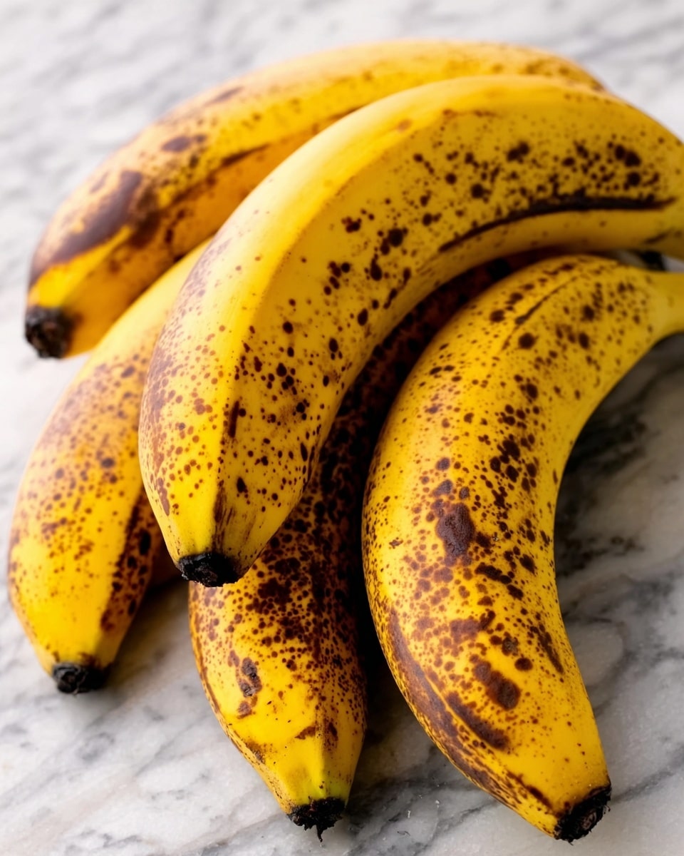 The image shows a bunch of ripe yellow bananas with many brown spots on their skins, resting closely together. The bananas are clustered in a typical curved shape with some black stems visible at the top. They lie on a white marbled surface, enhancing the yellow and brown colors of the bananas. The texture of the bananas' skin looks slightly rough where the brown spots appear, giving a natural and ripe look. Photo taken with an iphone --ar 4:5 --v 7