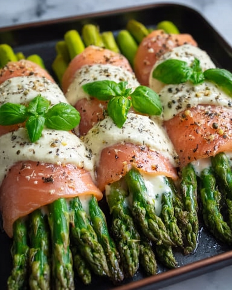 The image shows three bundles of green asparagus spears wrapped in light pink salmon slices with a creamy white sauce drizzled over the middle of each bundle. Each bundle is topped with small green basil leaves for decoration, with black pepper sprinkled on top. The asparagus tips extend from the salmon wraps, and the whole dish is seen on a black metal tray. The background is a white marbled texture. photo taken with an iphone --ar 4:5 --v 7