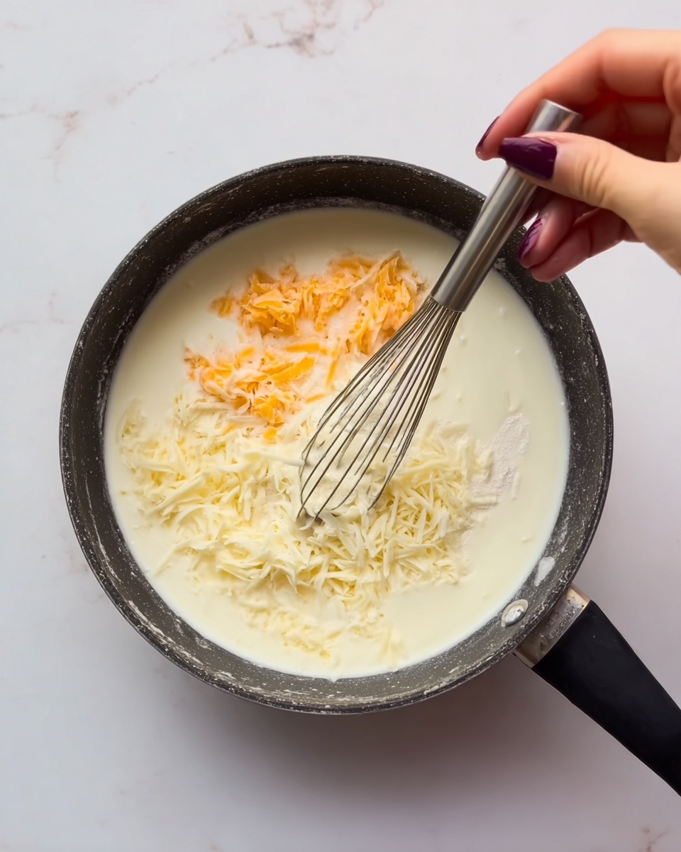 A black saucepan filled with white creamy milk on a white marbled surface, showing mixed shredded orange and white cheese floating on the surface in small piles. A stainless steel whisk with a black handle lies inside the saucepan, slightly positioned to the right. A woman's hand with dark purple nails is sprinkling white powder into the saucepan from the right side. The texture of the milk is smooth while the cheese shreds look soft and moist. photo taken with an iphone --ar 4:5 --v 7