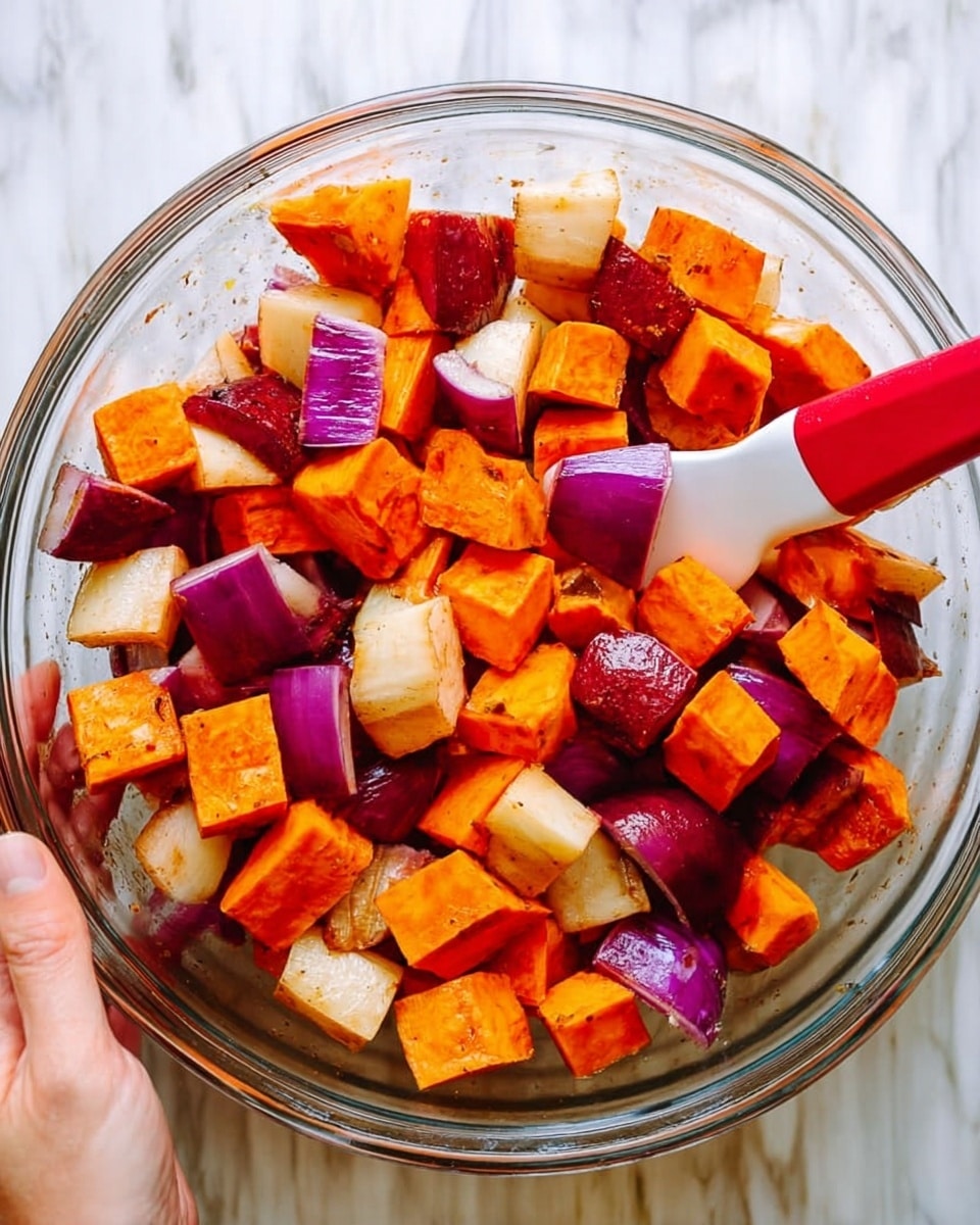 A transparent round glass bowl filled with multiple chunks of vegetables sits on a white marbled surface. The bowl contains thick cubes of orange sweet potatoes, irregular pieces of purple red onions, and beige root vegetables mixed together. A red silicone spatula with a white handle rests inside the bowl, partially covered by vegetables. A woman's hand holds the bowl from the side, showing pale skin tone. The colors of the vegetables contrast vividly against the smooth clear glass of the bowl and the white marbled background. Photo taken with an iphone --ar 4:5 --v 7
