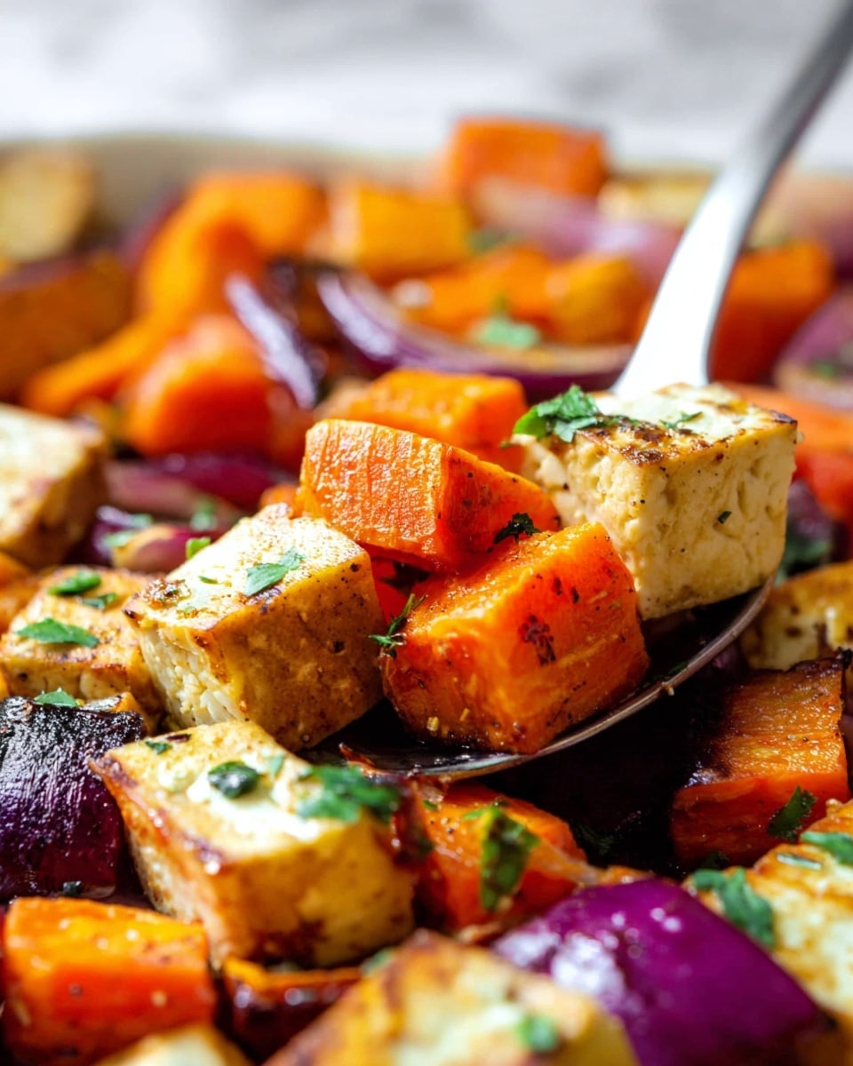 The image shows a close-up of a dish with several layers of cooked vegetables and tofu. The top layer has bright orange carrot chunks with a slightly shiny texture, mixed with small green herb pieces scattered on top. Underneath, there are pieces of tofu with a golden brown seared surface, some having darker grill marks. There are also purple-red onion pieces with a soft and cooked look, mixed in among the carrots and tofu. A white spoon appears on the right side, slightly lifting some of the vegetables. All the food rests on a white marbled surface. photo taken with an iphone --ar 4:5 --v 7
