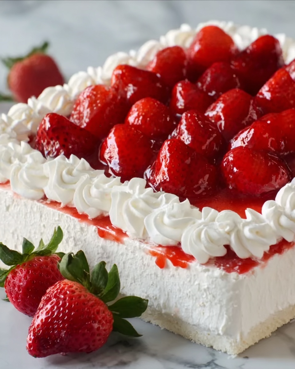 The image shows a white square cake with two main layers visible: a thick bottom layer of white cake and a top layer of bright red whole strawberries covered in a shiny red glaze. Around the strawberries, there is a border of white whipped cream piped in regular swirls. On the white marbled surface next to the cake, there are two fresh strawberries with green leaves. The cake looks fresh and colorful, with a smooth white base, textured whipped cream edges, and vibrant glossy strawberries on the top. Photo taken with an iphone --ar 4:5 --v 7