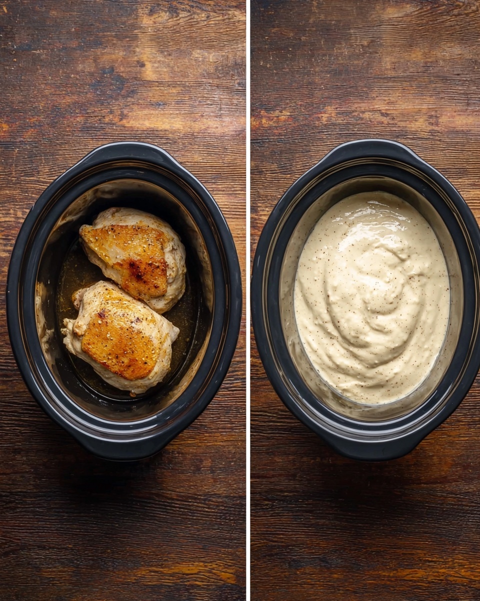 The image shows two black oval slow cooker pots placed on a dark wooden surface. In the left pot, there are two cooked chicken pieces, browned on the top, placed side by side, with a shiny texture indicating some oil or moisture. The right pot contains a large dollop of thick, creamy sauce, pale beige in color with specks of seasoning visible throughout, spread unevenly but mostly covering the bottom of the pot. Photo taken with an iphone --ar 4:5 --v 7
